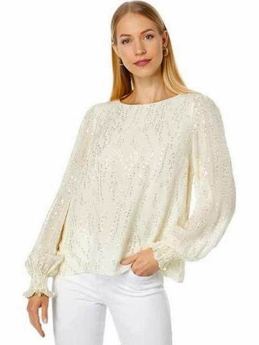 Lilly Pulitzer Silk Ivory Metallic Abstract Print LS Blouse with Smocked Cuffs S